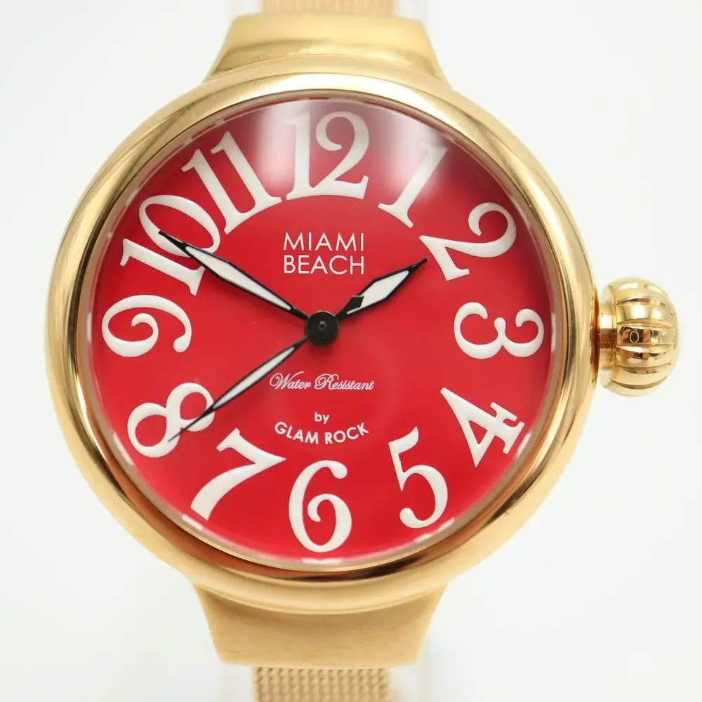Miami Beach Glam Rock Gold Tone 36mm Red Womens Watch Mesh Band w New Battery
